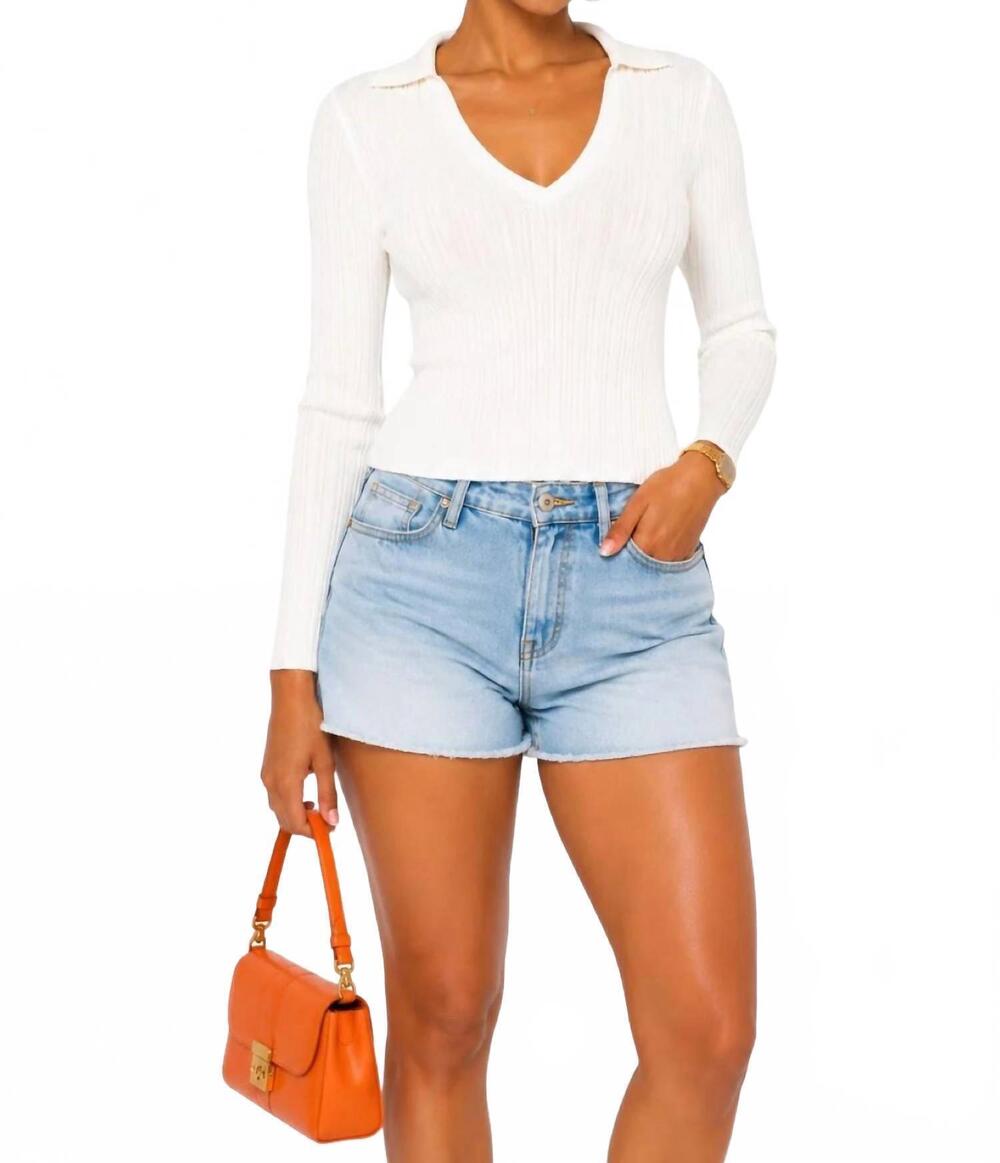 NEW BLANC trish thick ribbed mesh long sleeve deep v cut top in white